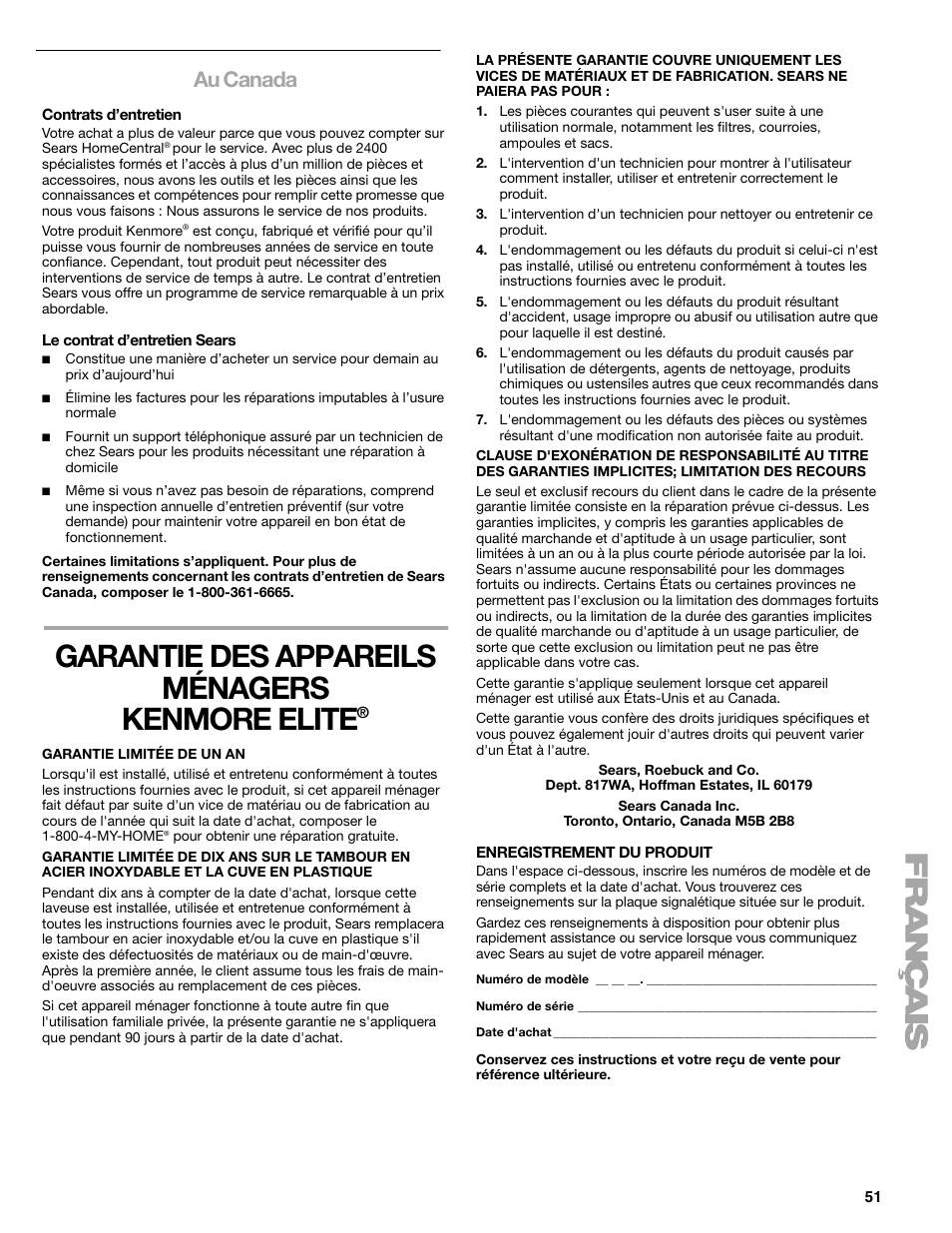 Garantie des appareils ménagers kenmore elite, Au canada | Kenmore elite 2709 User Manual | Page 51 / 76