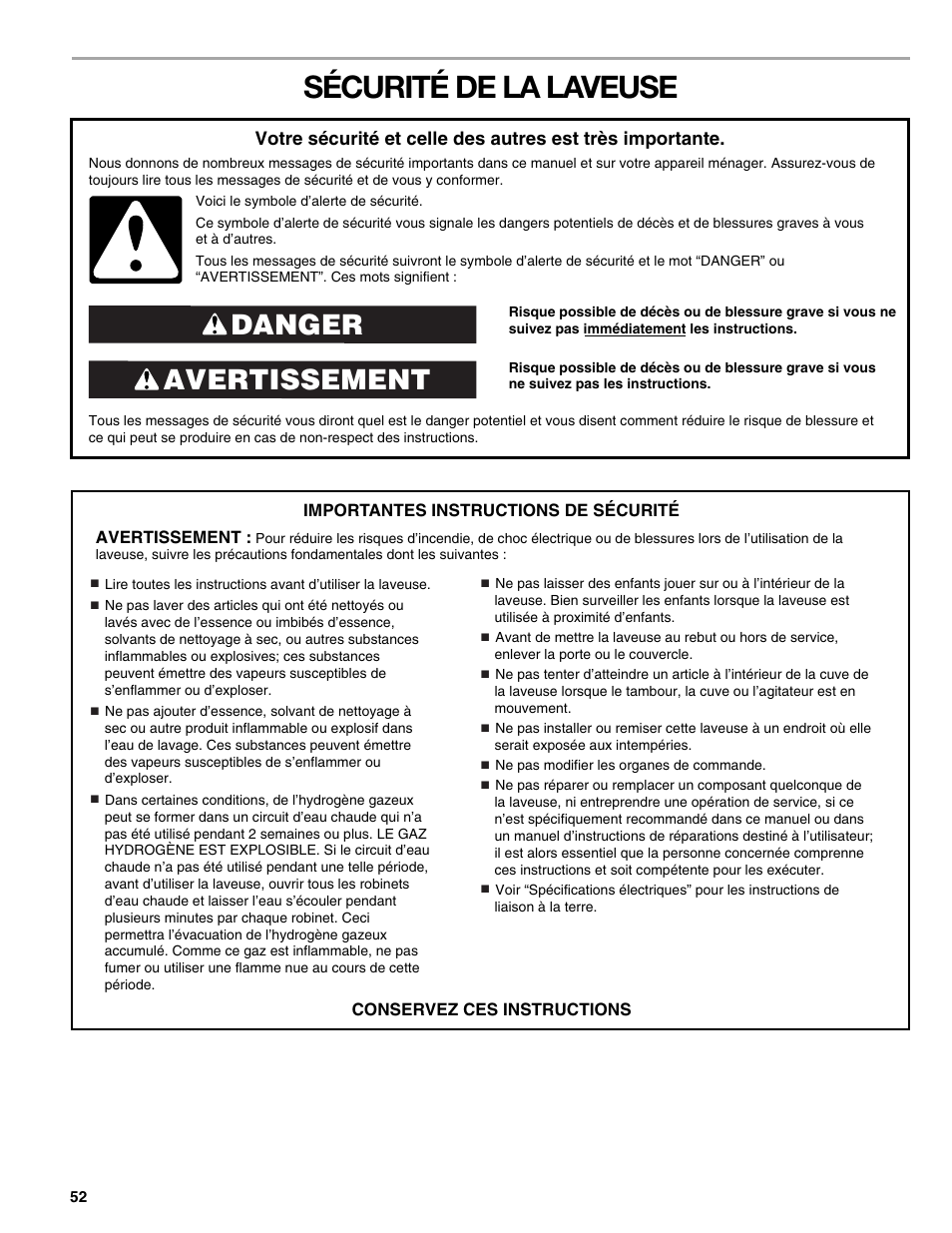 Sécurité de la laveuse, Avertissement danger | Kenmore elite 2709 User Manual | Page 52 / 76