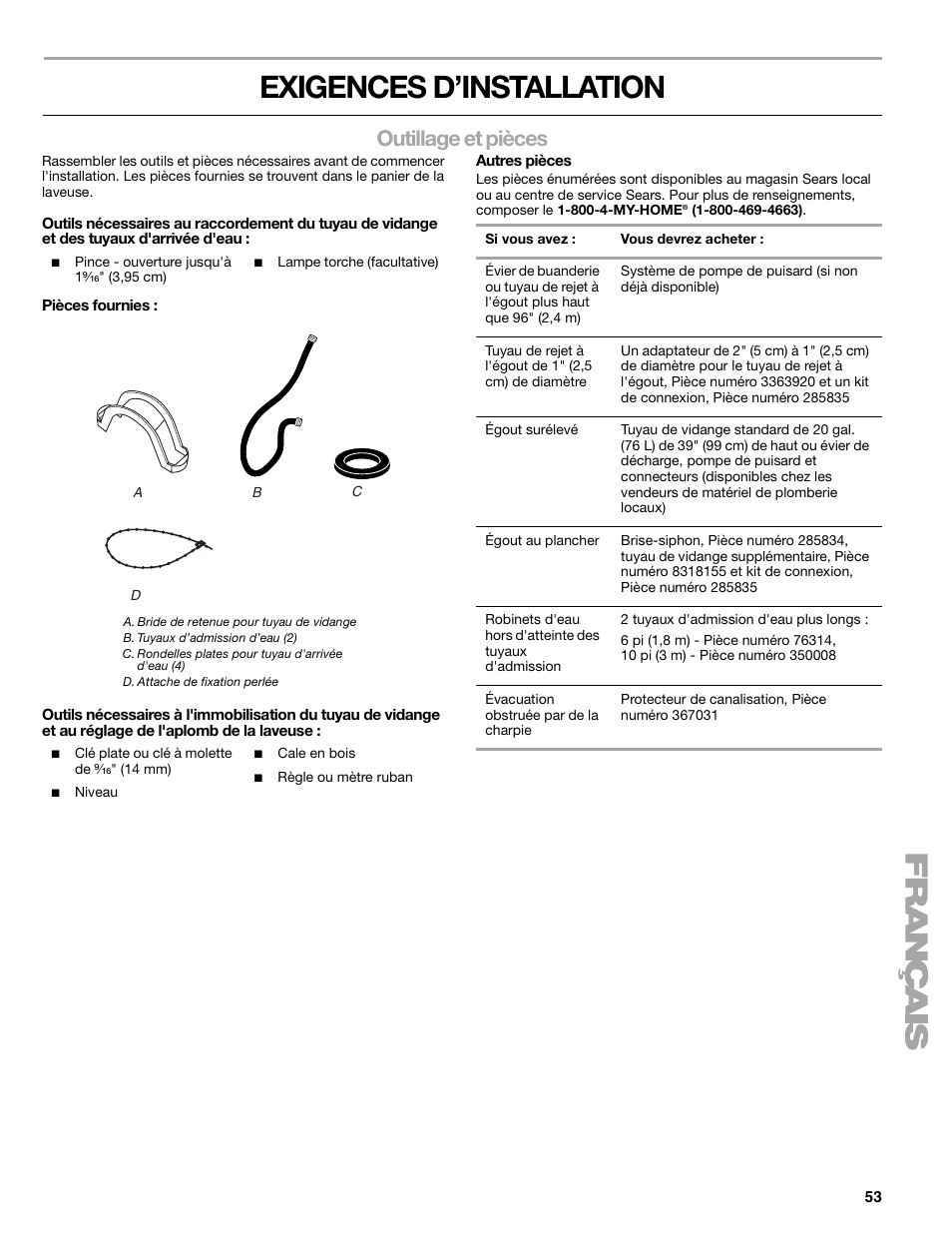 Exigences d’installation, Outillage et pièces | Kenmore elite 2709 User Manual | Page 53 / 76