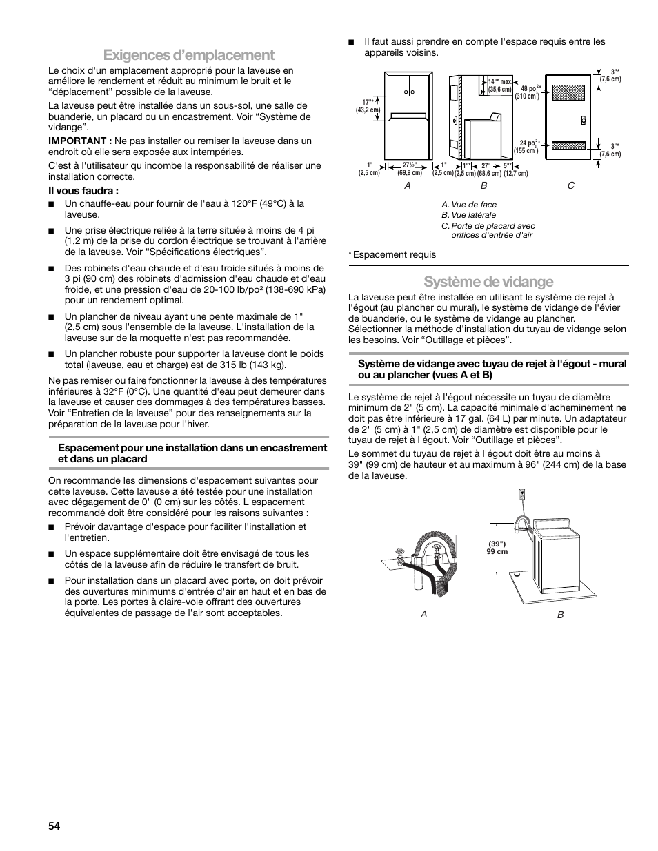 Exigences d’emplacement, Système de vidange | Kenmore elite 2709 User Manual | Page 54 / 76