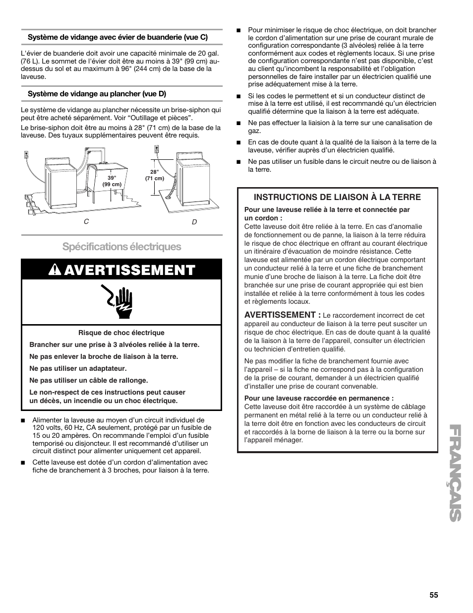 Avertissement, Spécifications électriques | Kenmore elite 2709 User Manual | Page 55 / 76