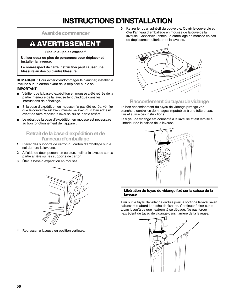 Instructions d’installation, Avertissement, Avant de commencer | Raccordement du tuyau de vidange | Kenmore elite 2709 User Manual | Page 56 / 76