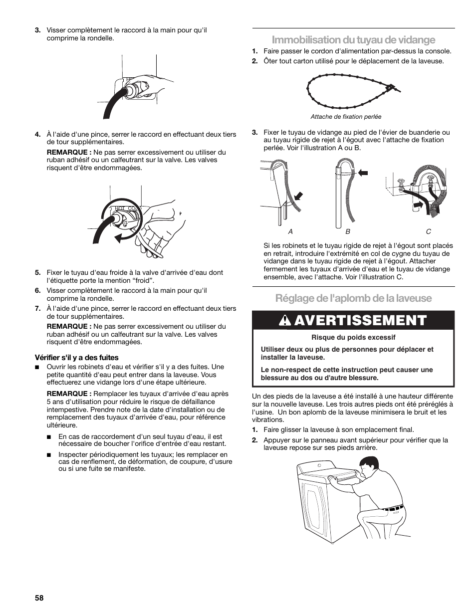 Avertissement, Immobilisation du tuyau de vidange, Réglage de l'aplomb de la laveuse | Kenmore elite 2709 User Manual | Page 58 / 76