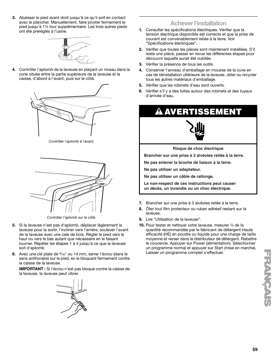 Avertissement, Achever l’installation | Kenmore elite 2709 User Manual | Page 59 / 76