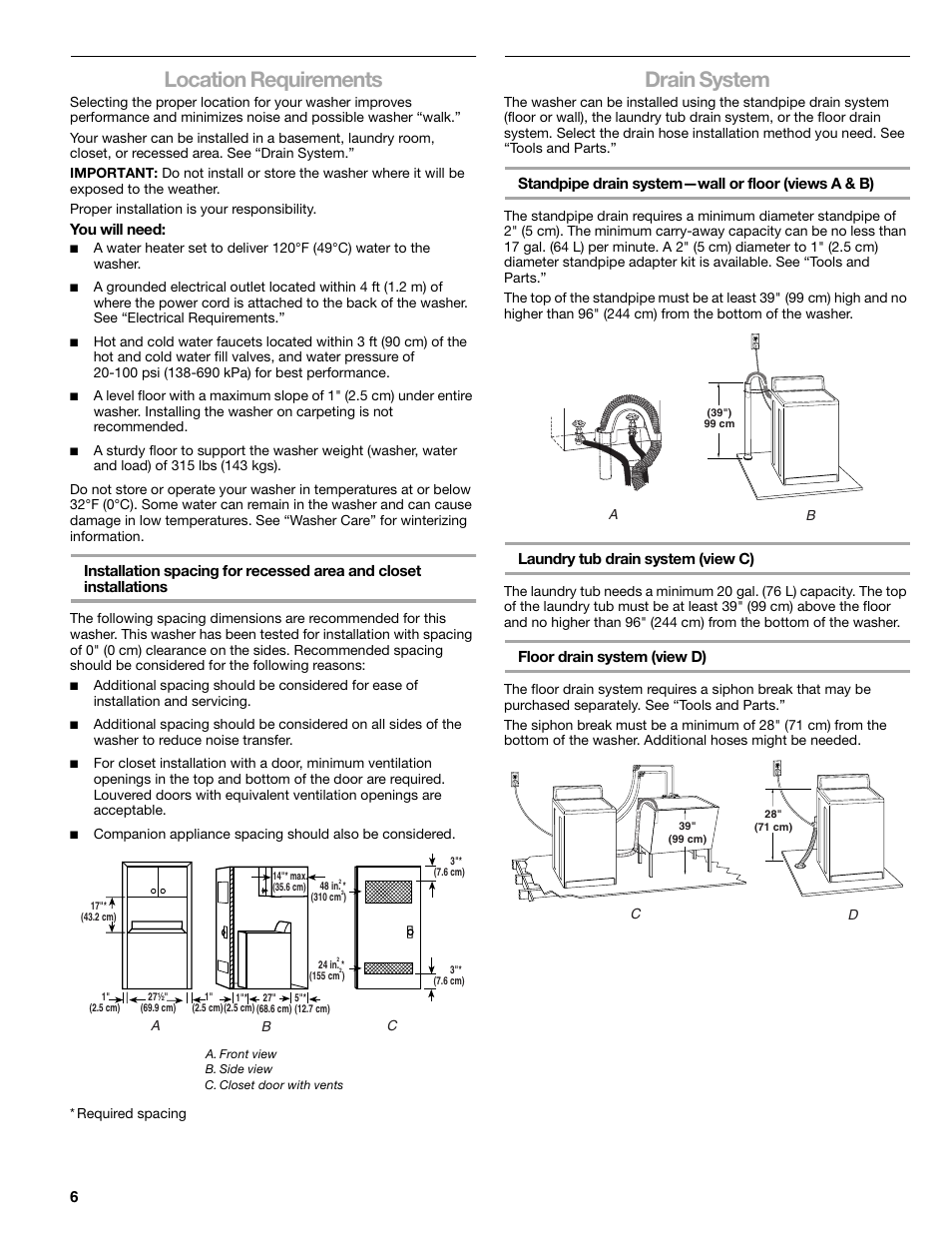 Location requirements, Drain system | Kenmore elite 2709 User Manual | Page 6 / 76