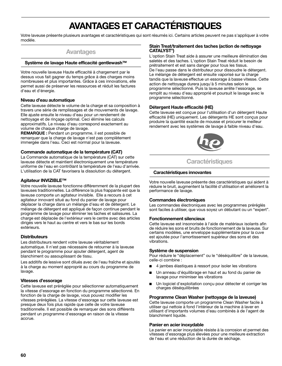 Avantages et caractéristiques, Avantages, Caractéristiques | Kenmore elite 2709 User Manual | Page 60 / 76