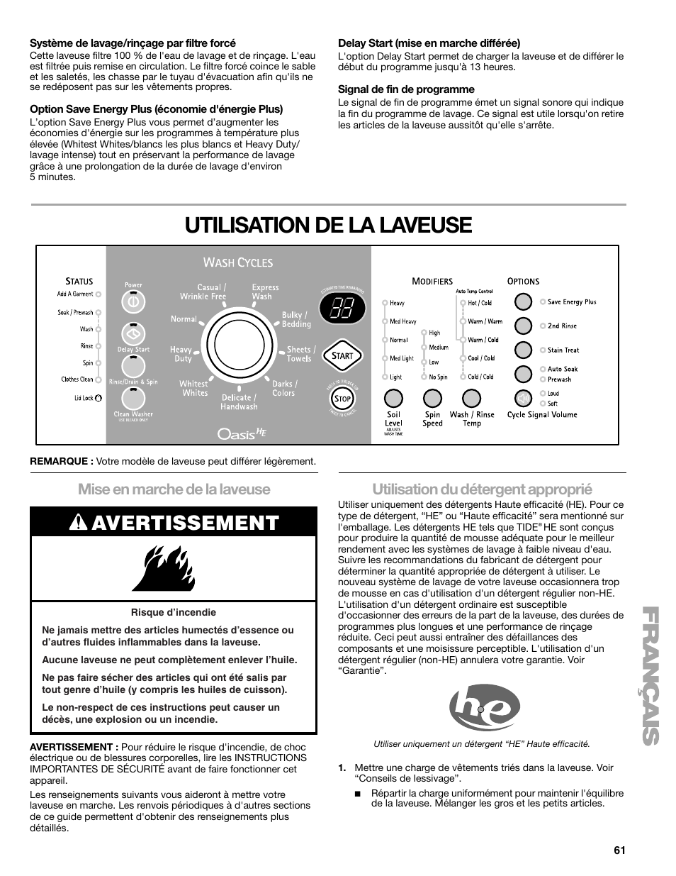 Utilisation de la laveuse, Avertissement, Mise en marche de la laveuse | Utilisation du détergent approprié | Kenmore elite 2709 User Manual | Page 61 / 76