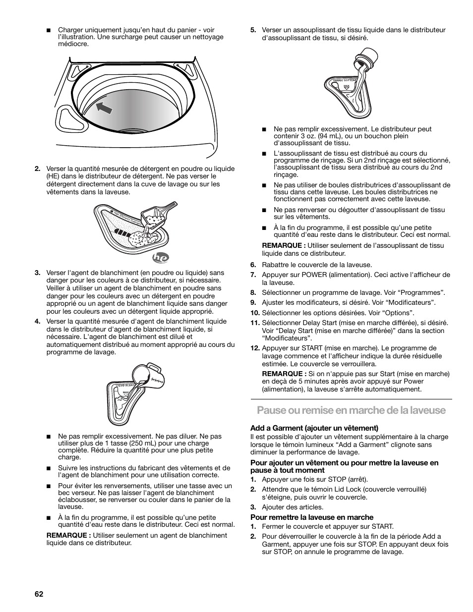 Pause ou remise en marche de la laveuse | Kenmore elite 2709 User Manual | Page 62 / 76