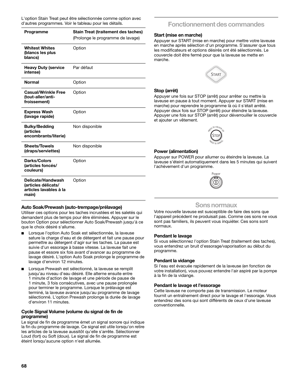 Fonctionnement des commandes, Sons normaux | Kenmore elite 2709 User Manual | Page 68 / 76