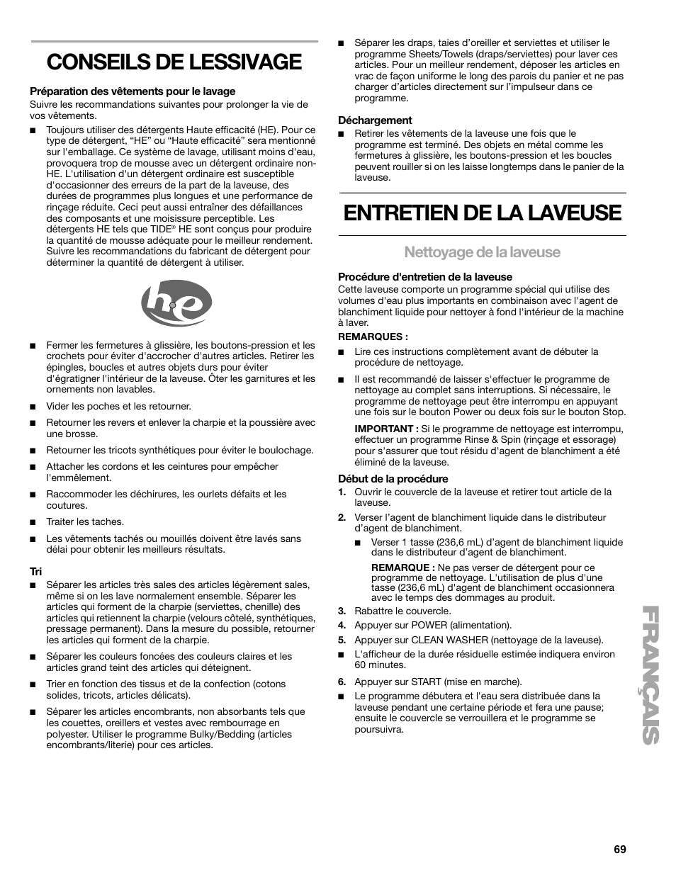 Conseils de lessivage, Entretien de la laveuse, Nettoyage de la laveuse | Kenmore elite 2709 User Manual | Page 69 / 76