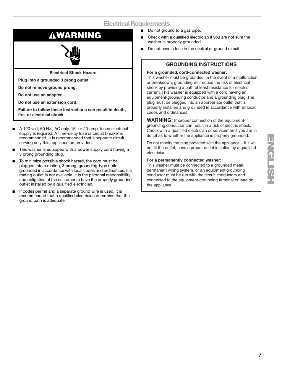 Warning, Electrical requirements | Kenmore elite 2709 User Manual | Page 7 / 76