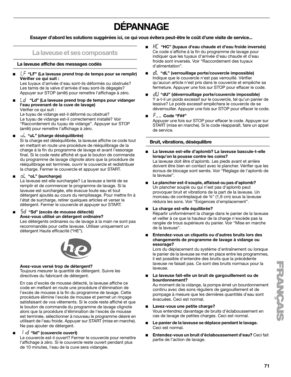 Dépannage, La laveuse et ses composants | Kenmore elite 2709 User Manual | Page 71 / 76