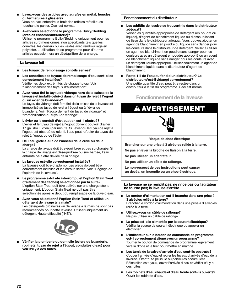Avertissement, Fonctionnement de la laveuse | Kenmore elite 2709 User Manual | Page 72 / 76