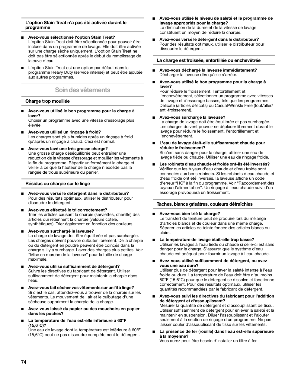 Soin des vêtements | Kenmore elite 2709 User Manual | Page 74 / 76