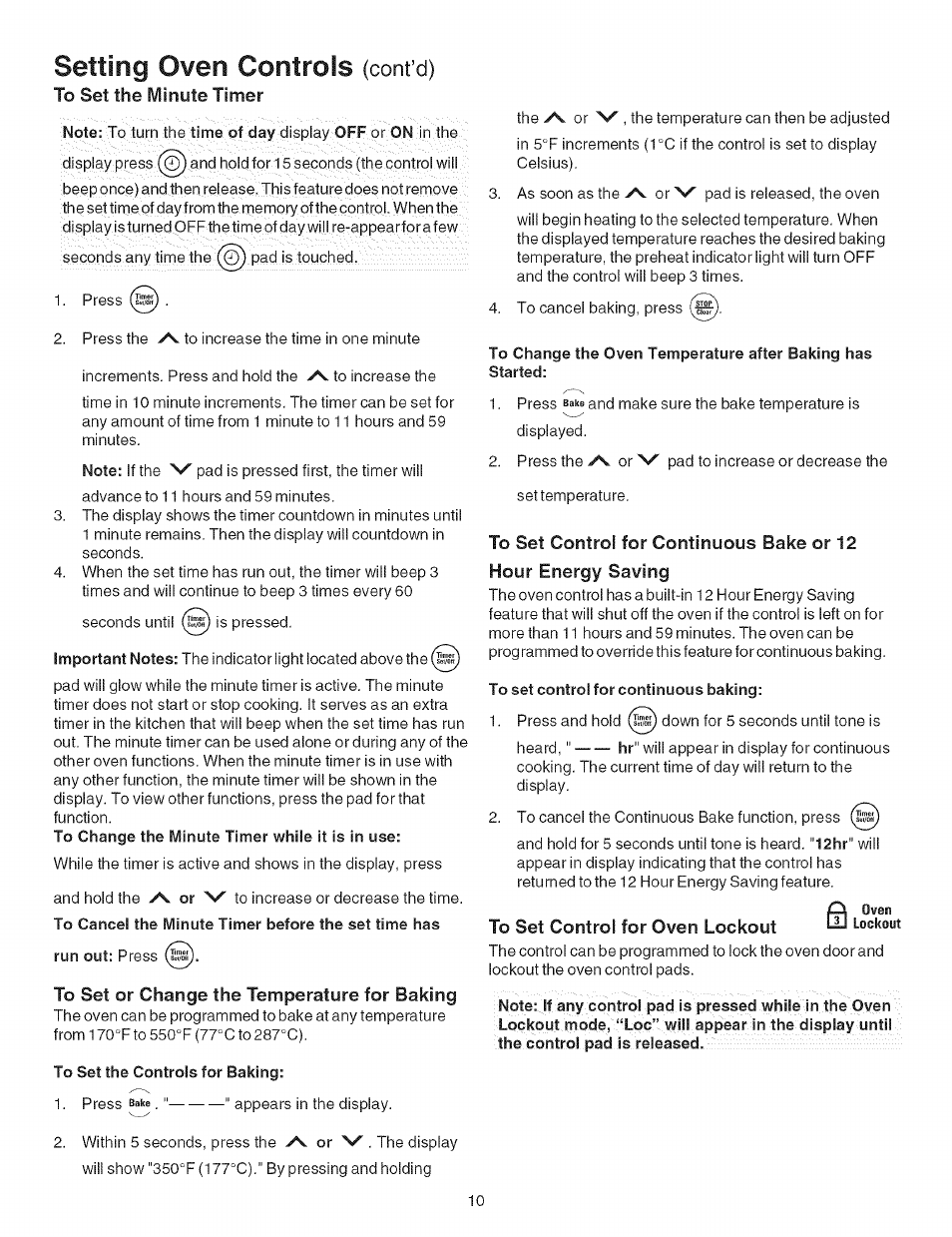 Setting oven controls (cont’d), To set or change the temperature for baking, To set the controls for baking | To set control for continuous baking, Setting oven controls, Cont’d) | Kenmore 7881 User Manual | Page 10 / 23