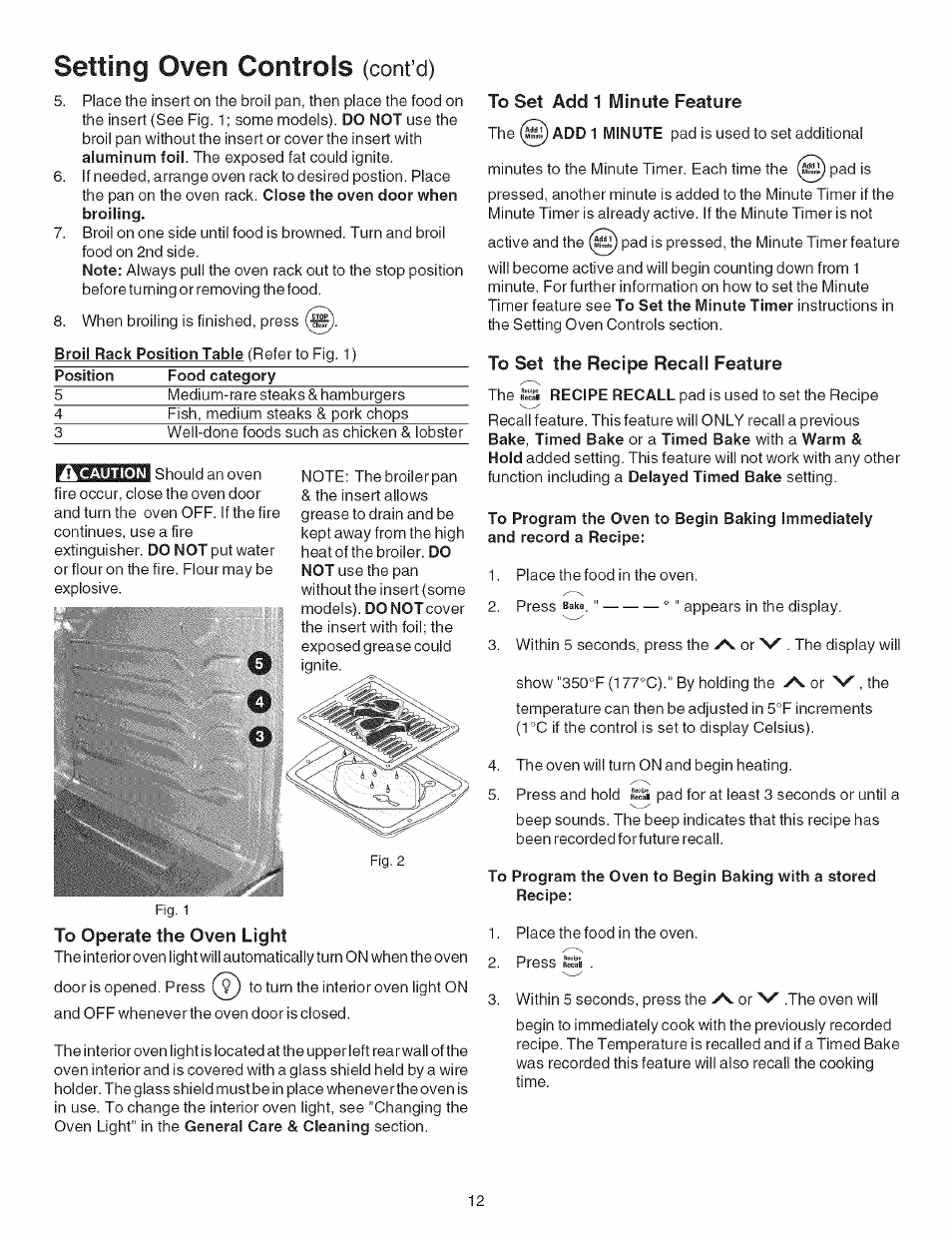 To operate the oven light, To set add 1 minute feature, To set the recipe recall feature | Setting oven controls, Cont’d) | Kenmore 7881 User Manual | Page 12 / 23