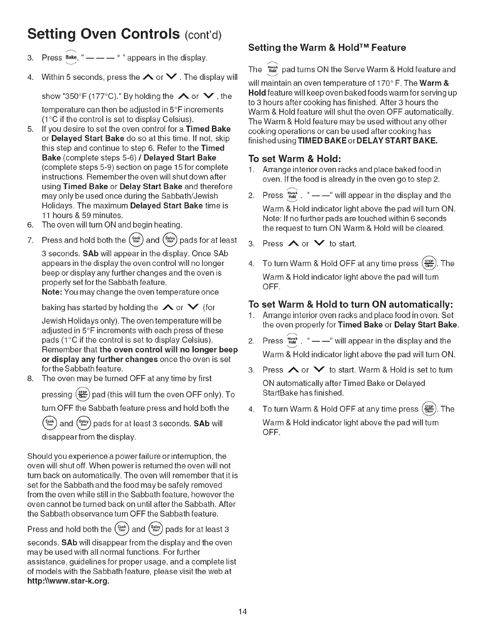 Setting the warm & hold^“ feature, To set warm & hold, To set warm & hold to turn on automatically | Setting oven controls, Cont’d) | Kenmore 7881 User Manual | Page 14 / 23