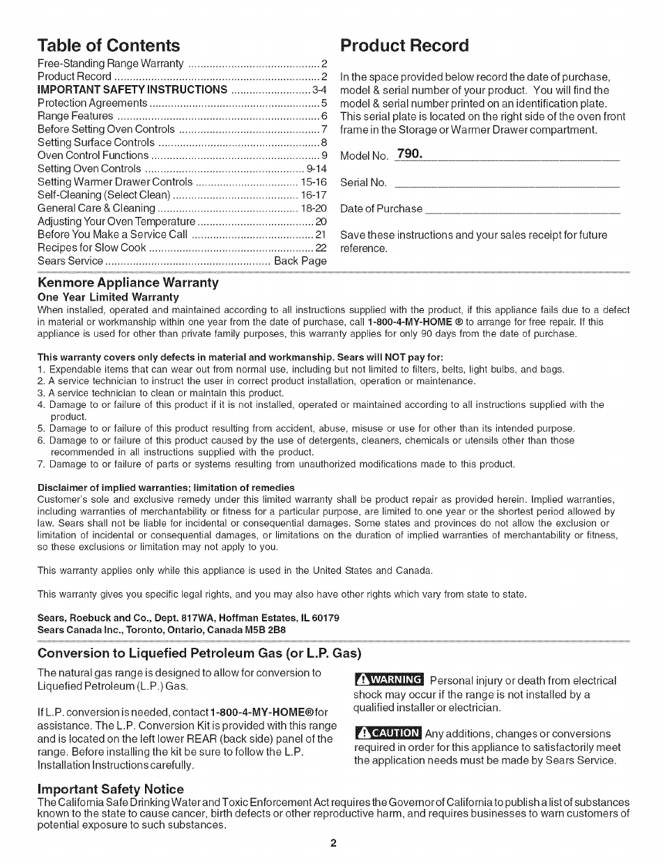 Ken more appliance warranty, Important safety notice, Table of contents product record | Kenmore 7881 User Manual | Page 2 / 23