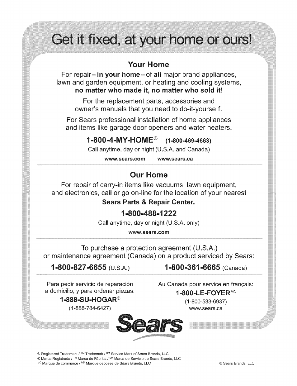 888-su-hogar, Made, Sold | Sears, Our home | Kenmore 7881 User Manual | Page 23 / 23