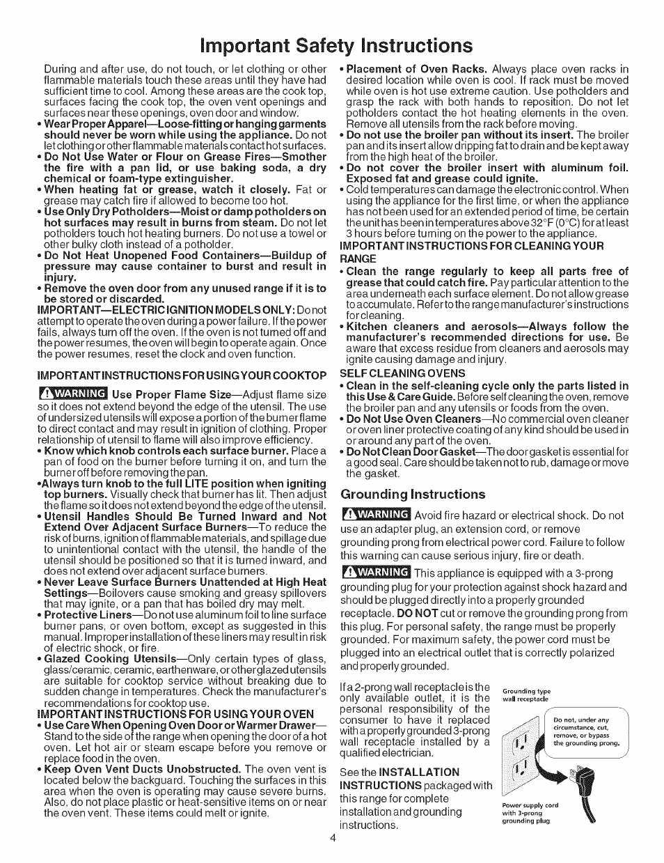 Important safety instructions, Important—electric ignition models only: do not, Importantinstructionsforusingyourcooktop | Importantinstructions for using your oven, Importantinstructions forcleaning your, Range, Self cleaning ovens, Grounding instructions | Kenmore 7881 User Manual | Page 4 / 23