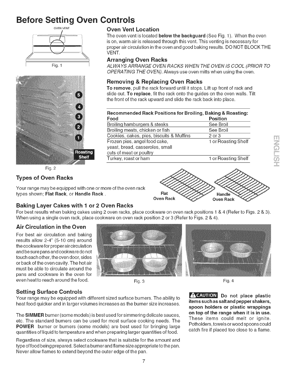 Arranging oven racks, Removing & replacing oven racks, Baking layer cakes with 1 or 2 oven racks | Air circulation in the oven, Before setting oven controls | Kenmore 7881 User Manual | Page 7 / 23