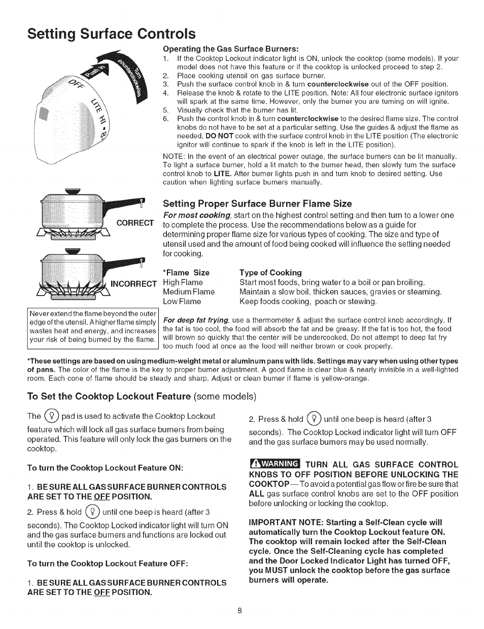 Setting proper surface burner flame size, To set the cooktop lockout feature {some models), Setting surface controls | Kenmore 7881 User Manual | Page 8 / 23