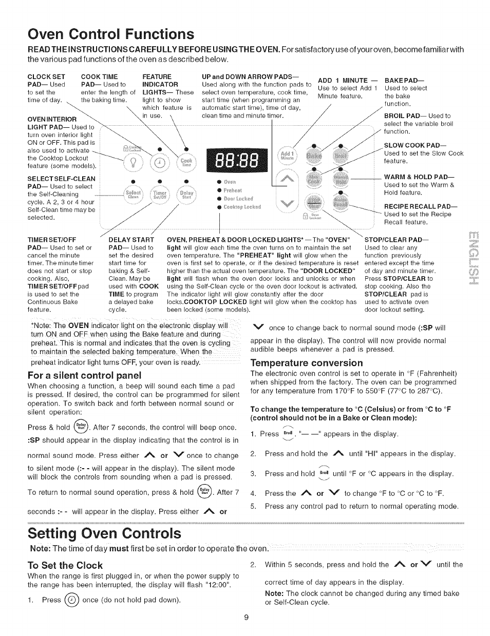 Oven control functions, Setting oven controls, Temperature conversion | Kenmore 7881 User Manual | Page 9 / 23