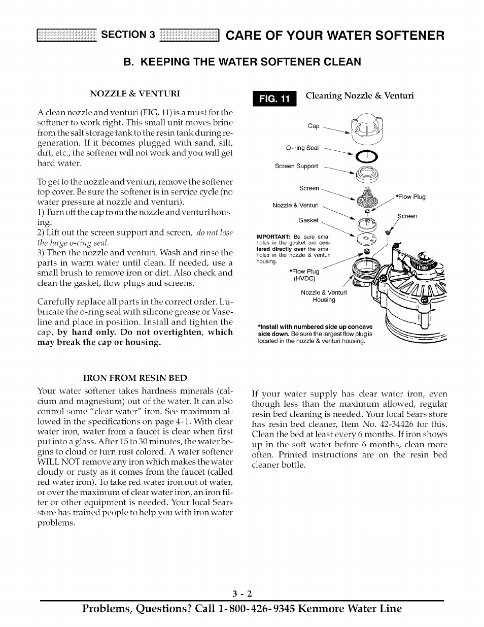 Clean, Nozzle & venturi, Iron from resin bed | Care of your water softener, Fig. 11 | Kenmore ULTRASOFT 280 User Manual | Page 17 / 36