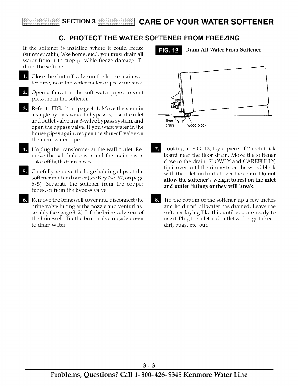 Water softener from freezing, Drain all water from softener, Protect the water softener from freezing -3 | Care of your water softener | Kenmore ULTRASOFT 280 User Manual | Page 18 / 36