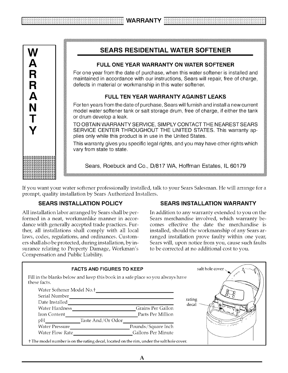 Full one year warranty on water softener, Full ten year warranty against leaks, Sears installation policy | Sears installation warranty, Facts and figures to keep | Kenmore ULTRASOFT 280 User Manual | Page 2 / 36