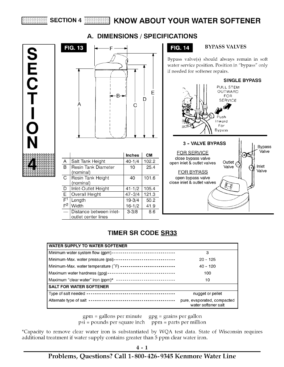 Fig. 13, A p||^ej^3|q|^3 ! specifications, Fig. 14 | Single bypass, 3 - valve bypass, Timer sr code sr33, Sc t, Know about your water softener | Kenmore ULTRASOFT 280 User Manual | Page 20 / 36