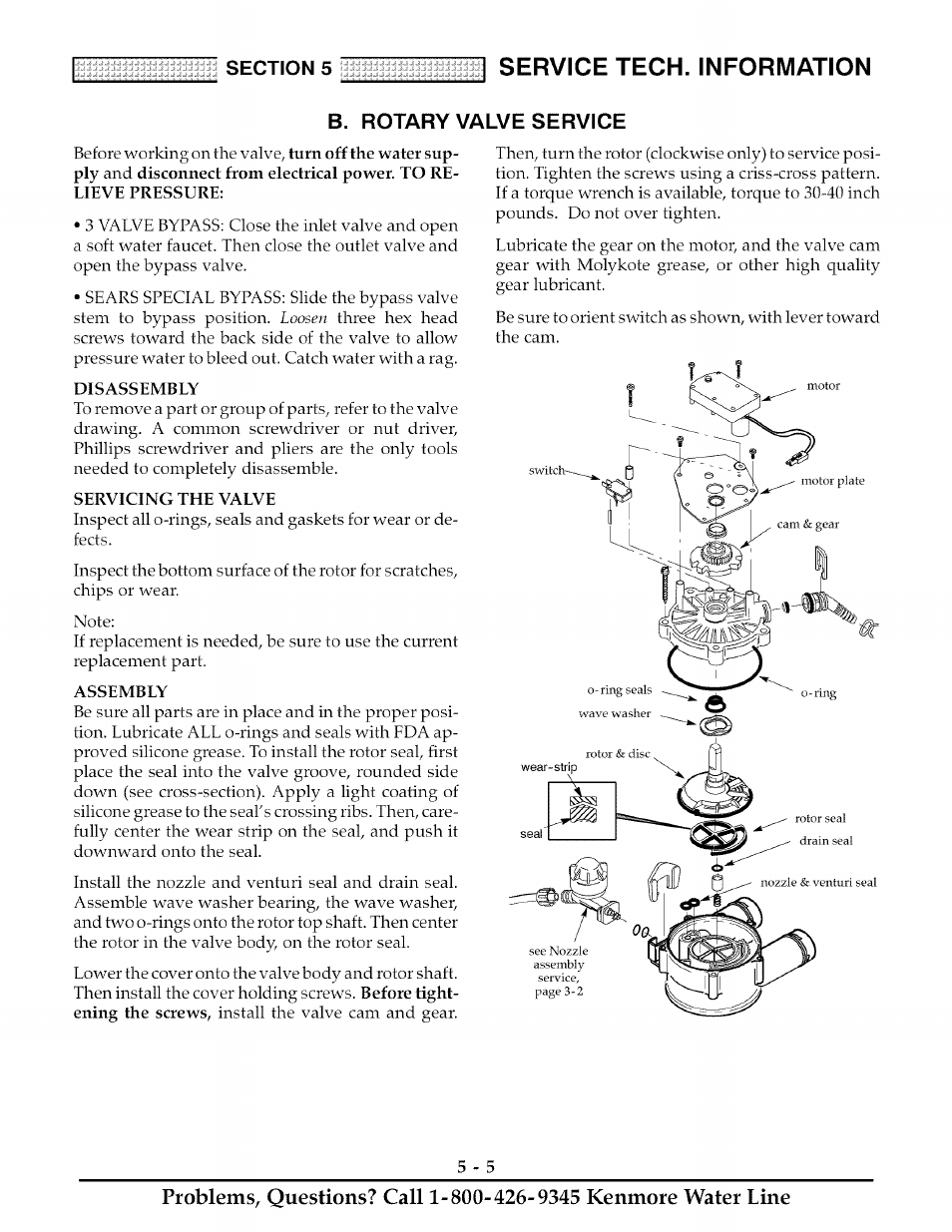 B. rotary valve service, Disassembly, Servicing the valve | Assembly, Rotary valve service -5, Service tech. information | Kenmore ULTRASOFT 280 User Manual | Page 26 / 36