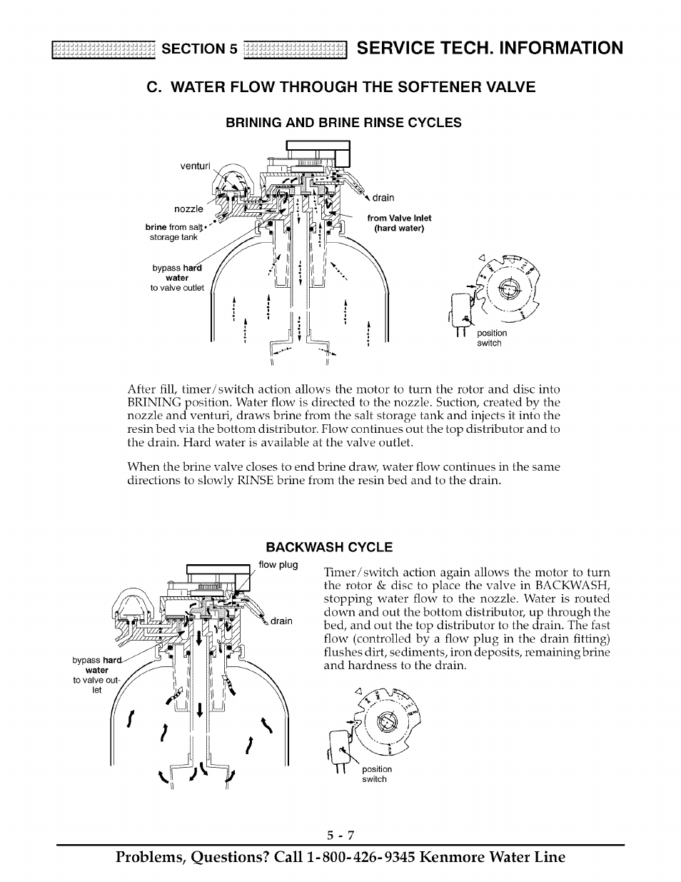 C. water flow through the softener valve, Brining and brine rinse cycles, Backwash cycle | Service tech. information | Kenmore ULTRASOFT 280 User Manual | Page 28 / 36