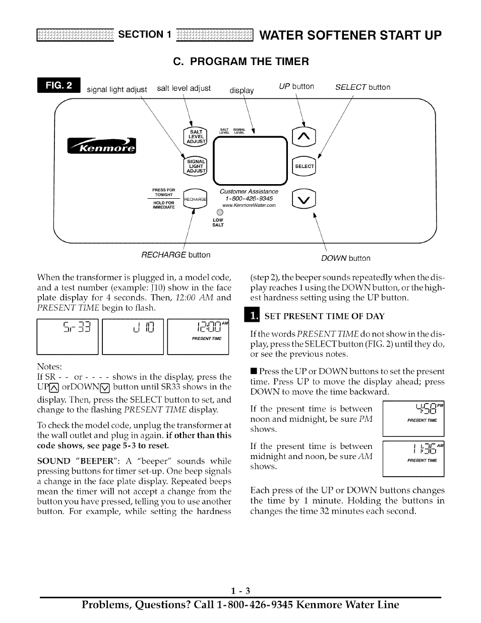 C. program the timer, Fig. 2, Water softener start up | The timer | Kenmore ULTRASOFT 280 User Manual | Page 6 / 36