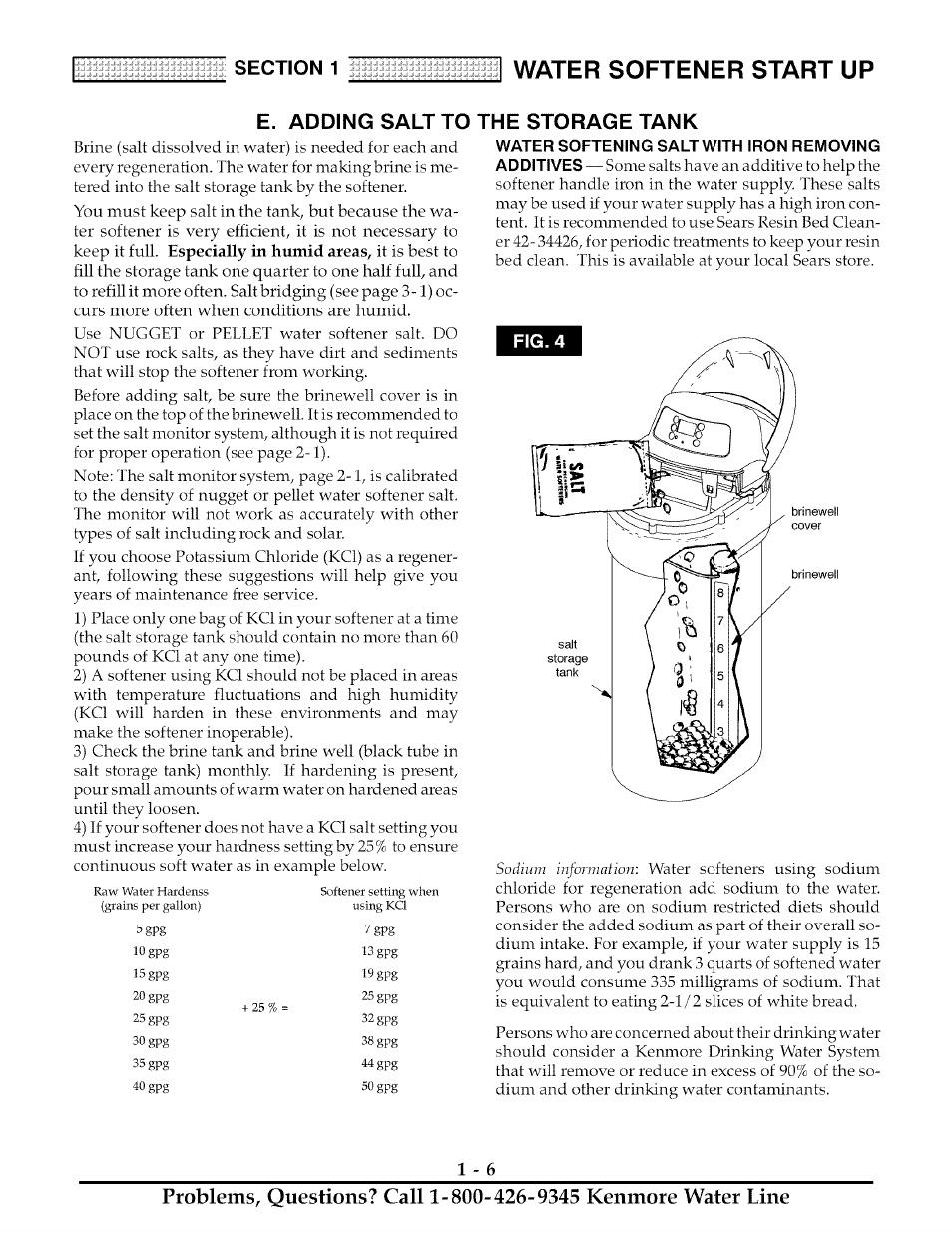 E. adding salt to, The storage tank, Water softener start up | Kenmore ULTRASOFT 280 User Manual | Page 9 / 36