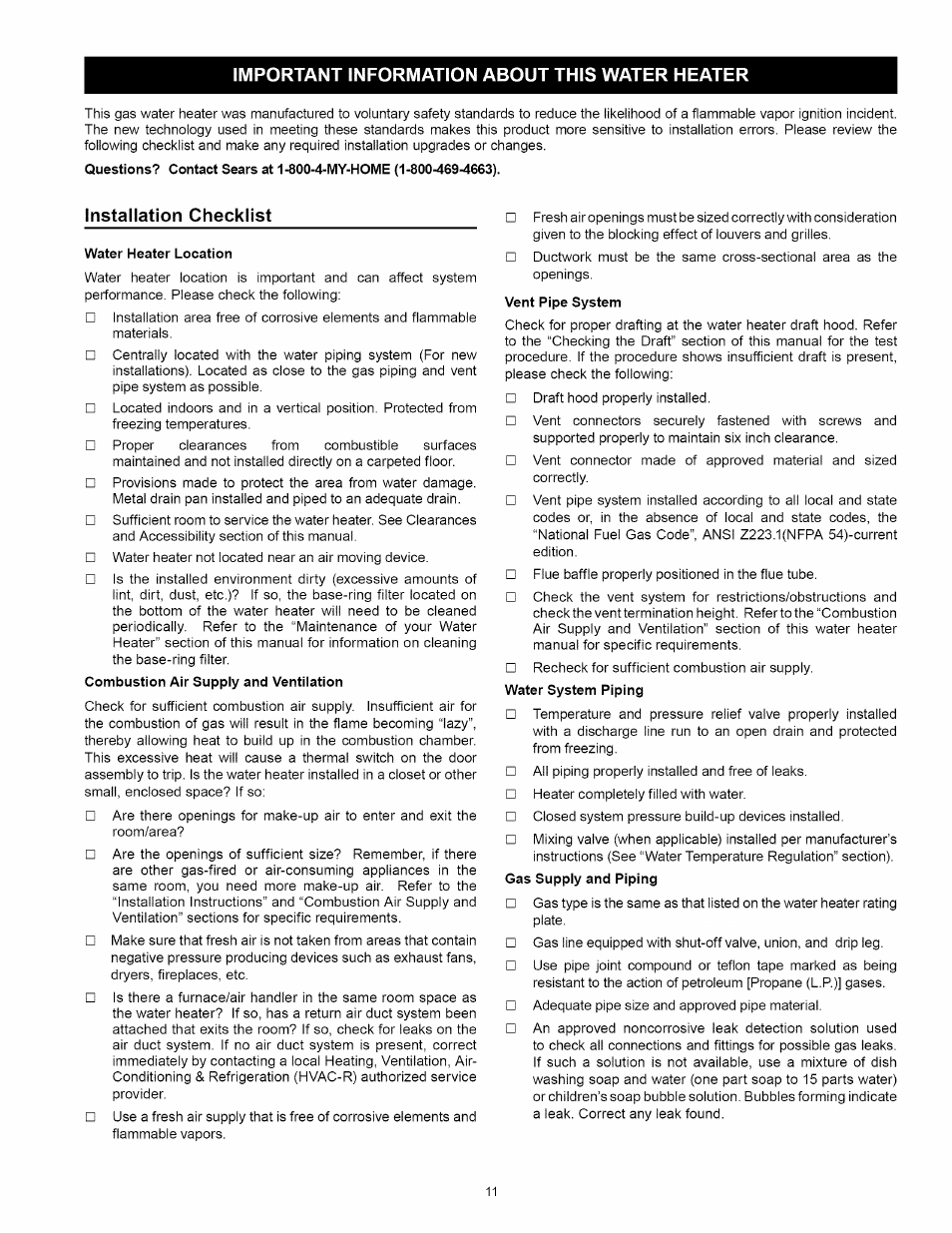 Important information about this water heater, Installation checklist | Kenmore 153.33114 User Manual | Page 11 / 44