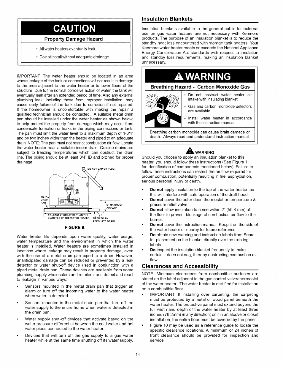 Caution, Insulation blankets, Clearances and accessibility | Clearances and accessibility -15, A warning | Kenmore 153.33114 User Manual | Page 14 / 44