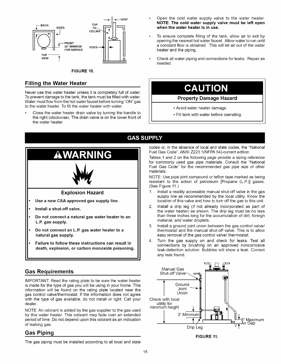 Filling the water heater, Caution, Gas supply | Gas requirements, Gas piping, Removing the old water heater, Location requirements, Gas supply -16, Awarning | Kenmore 153.33114 User Manual | Page 15 / 44