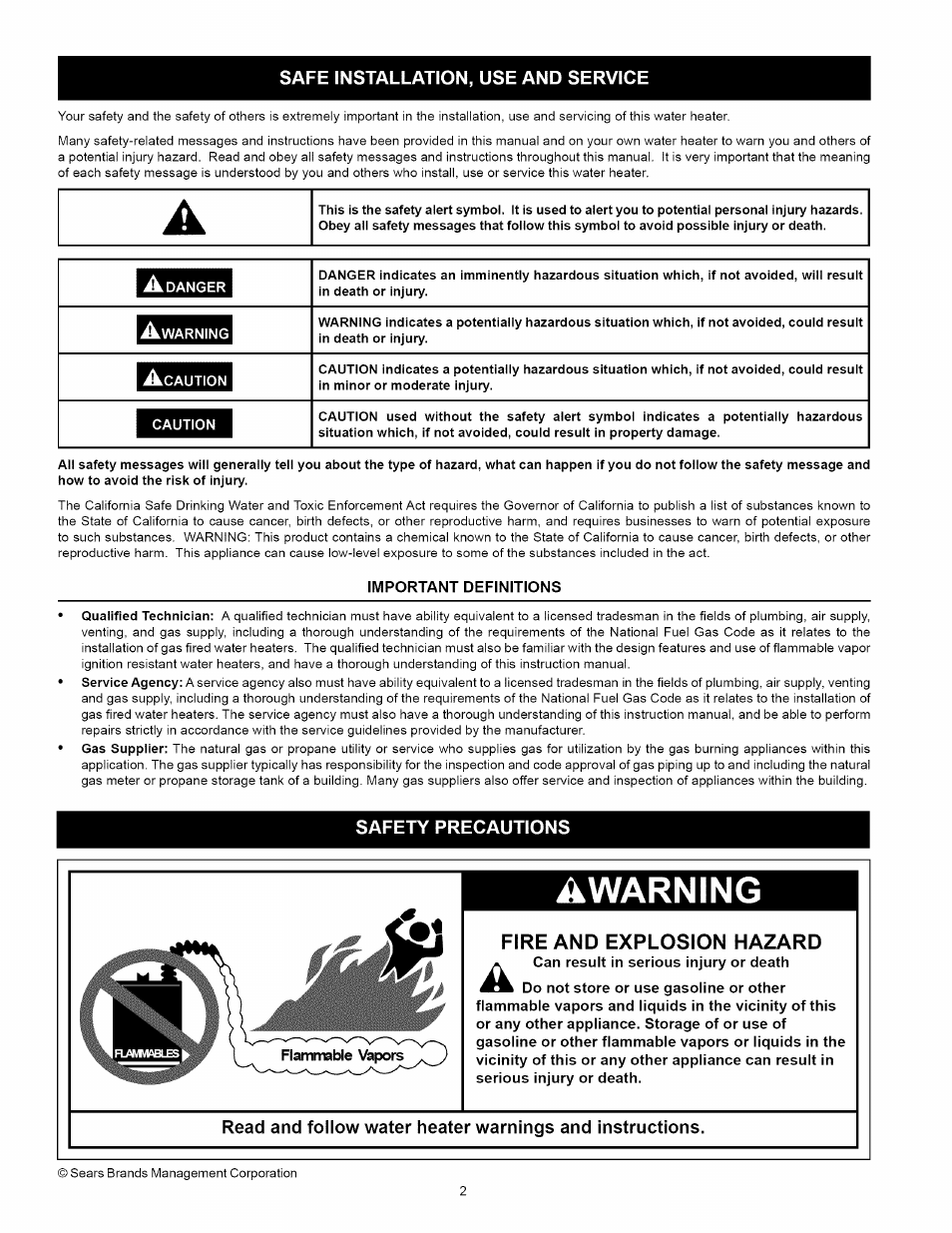 Safe installation, use and service, Important definitions, Safety precautions | Awarning, Fire and explosion hazard | Kenmore 153.33114 User Manual | Page 2 / 44