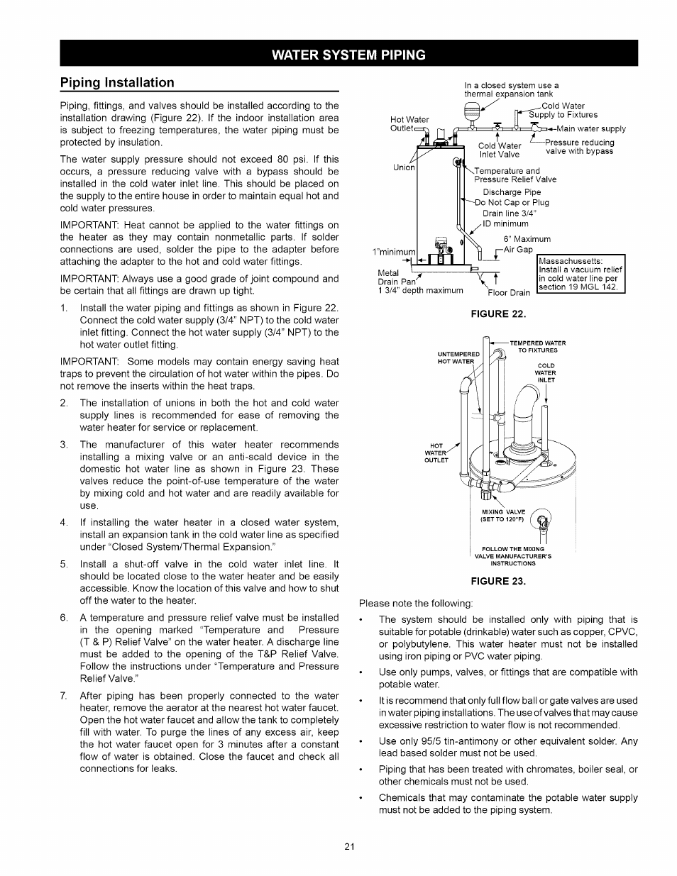 Water system piping, Piping installation, Water system piping -22 | Kenmore 153.33114 User Manual | Page 21 / 44