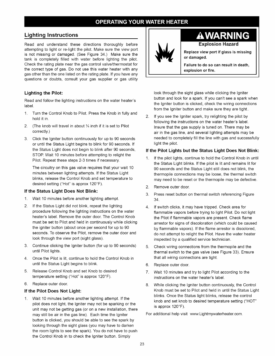 Operating your water heater, Awarning, Lighting the pilot | If the status light does not blink, If the pilot does not light, Operating your water heater -26 | Kenmore 153.33114 User Manual | Page 23 / 44