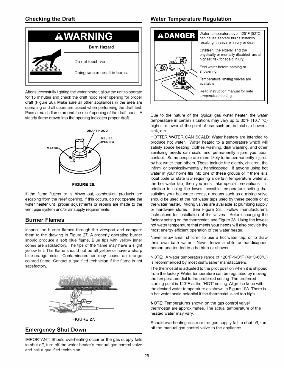 Burner flames, Emergency shut down, Awarning | Adanger | Kenmore 153.33114 User Manual | Page 25 / 44