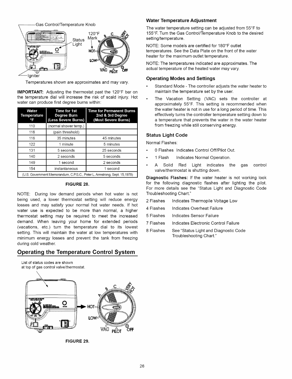 Operating the temperature control system, Operating modes and settings, Status light code | Kenmore 153.33114 User Manual | Page 26 / 44