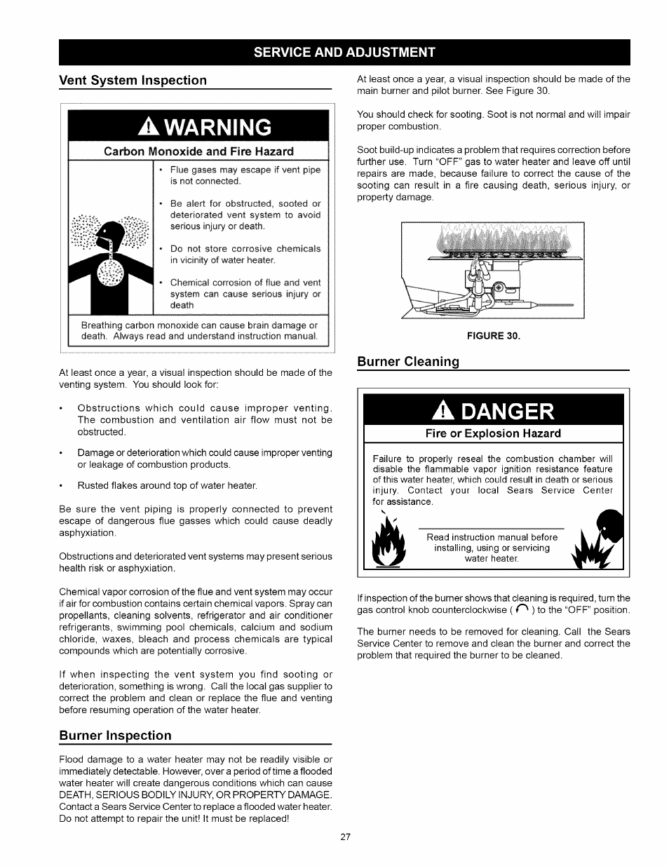 Service and adjustment, Vent system inspection, Burner cleaning | Burner inspection, Service and adjustment -29, Danger | Kenmore 153.33114 User Manual | Page 27 / 44