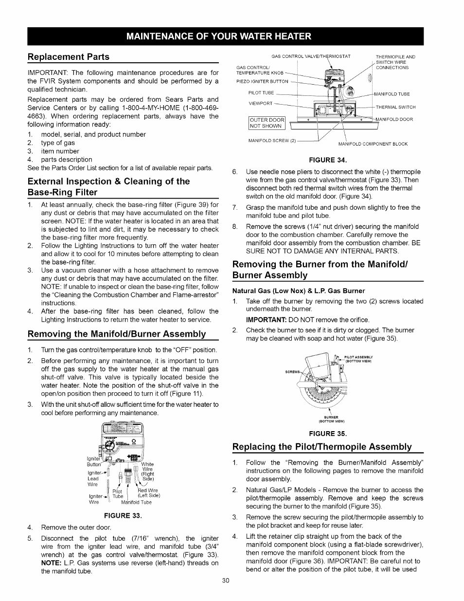 Maintenance of your water heater, Replacement parts, Removing the manifold/burner assembly | Replacing the pilot/thermopile assembly, Maintenance of your water heater -33, Replacing the pilot/ pilot tube assembly | Kenmore 153.33114 User Manual | Page 30 / 44