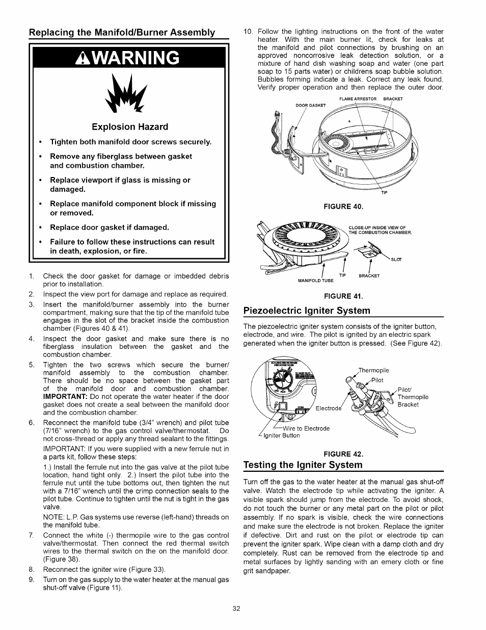 Replacing the manifold/burner assembly, Warning, Explosion hazard | Piezoelectric igniter system | Kenmore 153.33114 User Manual | Page 32 / 44