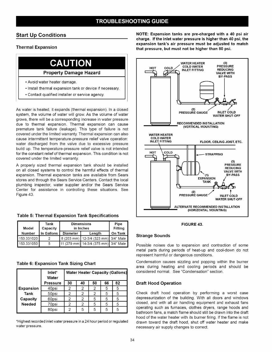 Start up conditions, Thermal expansion, Caution | Property damage hazard, Strange sounds, Draft hood operation, Draft hood installation, Start up conditions -35 | Kenmore 153.33114 User Manual | Page 34 / 44