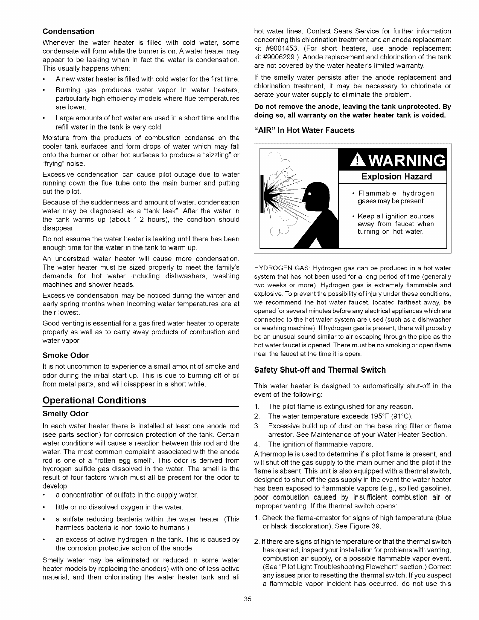 Condensation, Smoke odor, Operational conditions | Smelly odor, Air” in hot water faucets, Explosion hazard, Safety shut-off and thermal switch, Operational conditions -36, Warning | Kenmore 153.33114 User Manual | Page 35 / 44