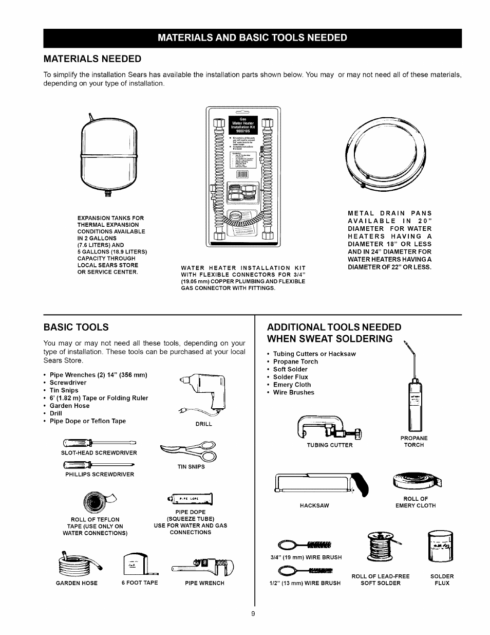 Materials and basic tools needed, Materials needed, Basic tools | Additional tools needed when sweat soldering, Materials and basic tools needed materials needed | Kenmore 153.33114 User Manual | Page 9 / 44