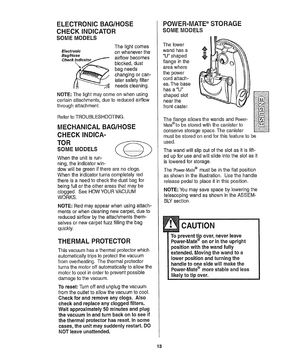 Electronic bag/hose check indicator, Some models, Mechanical bag/hose check indicator | Thermal protector, Power-mate® storage, Caution, Mechanical bag/hose check indica­ tor | Kenmore 116.22813 User Manual | Page 13 / 40